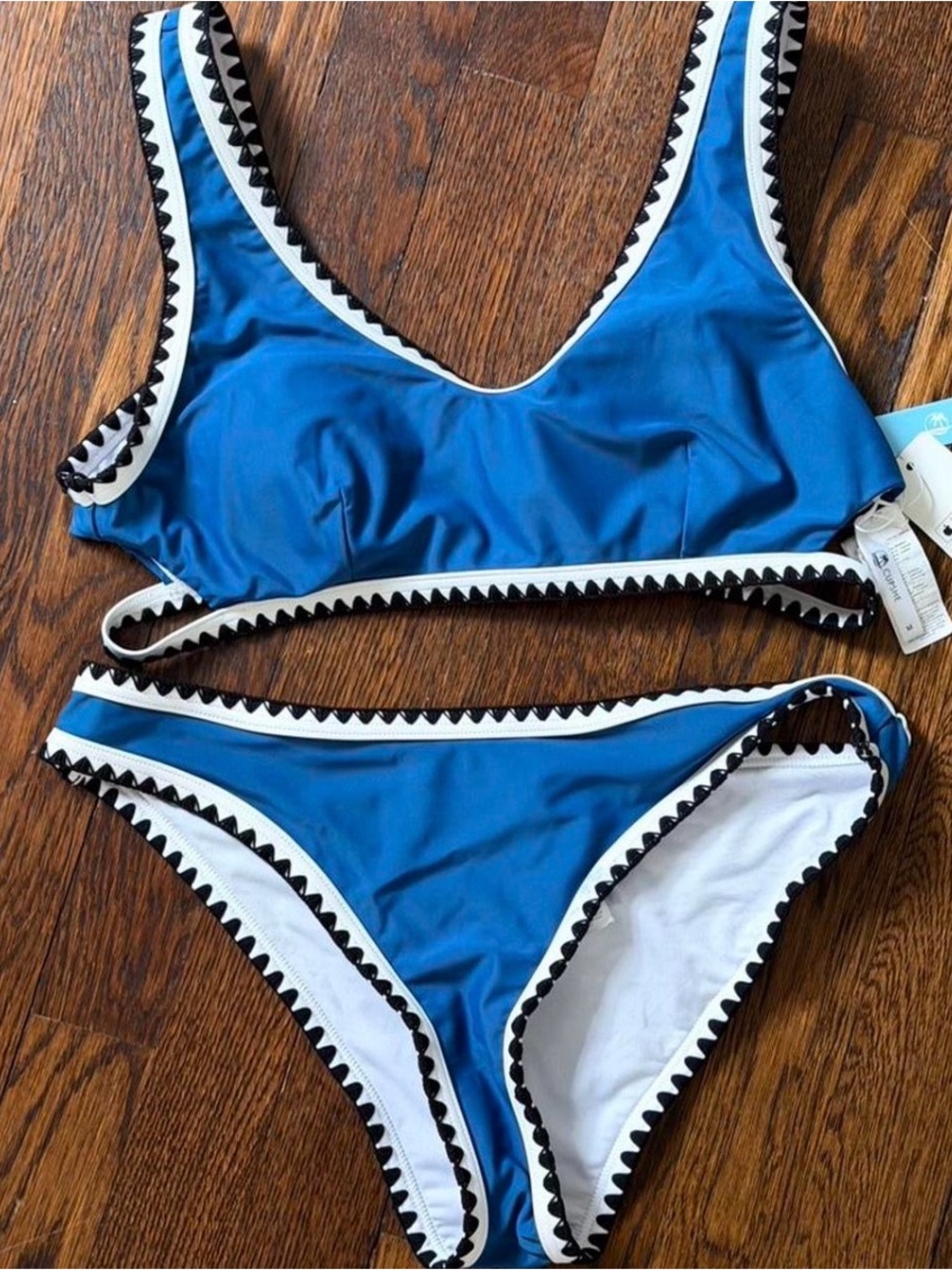 Cupshe Blue and White Two-Piece Bikini with Black Trim